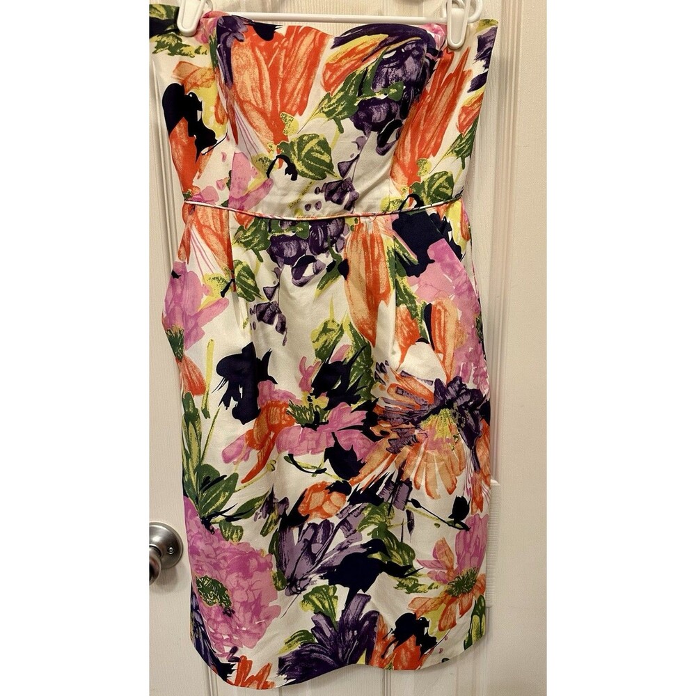 J Crew Strapless 100%‎ Silk Mini Dress Size 0 Cream Watercolor Lined Pockets EUC